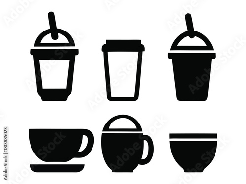 Coffee cup icon set isolated on featuring various styles of coffee cups and mugs, ideal for representing coffee shops, cafes, or coffeerelated content in designs