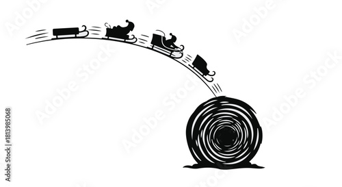 Christmas sleighs race towards a swirling vortex, symbolizing holiday chaos.