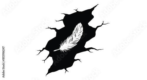 A delicate white feather floats within a jagged tear in darkness, symbolizing hope emerging from despair.
