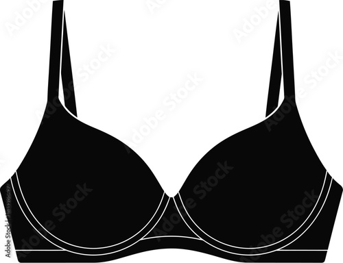 Underwear bra lingerie vector illustration icon, silhouette. Balconette, black underwire bra with a strappy design and a back closure. 