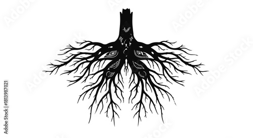 Intricate tree roots spread outwards, symbolizing growth and connection on a white background.
