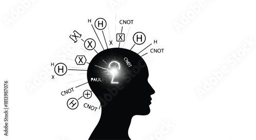 Silhouette of a human head with glowing quantum computing symbols representing complex thought and innovation.