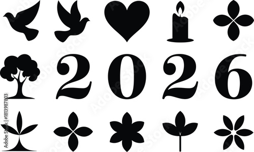 Black silhouettes of doves, heart, candle, flowers, tree, and the year two thousand and twenty six