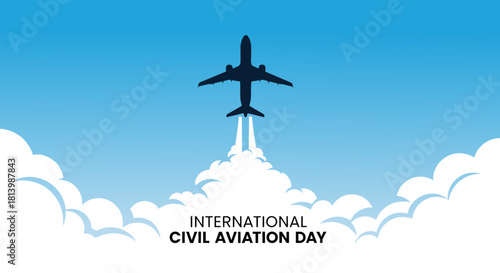 International Civil Aviation Day Silhouette Illustration with Airplane and Clouds