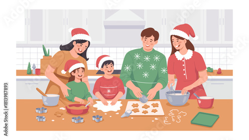 Christmas Baking Bonanza: A joyous family gathers in a warm kitchen, wearing festive hats. They engage in the delightful tradition of baking Christmas cookies.