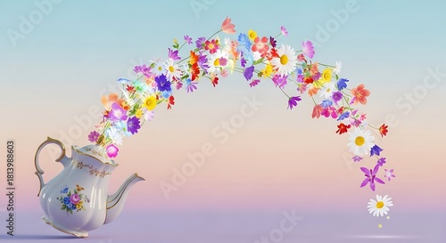 Whimsical porcelain teapot overflowing with a vibrant cascade of colorful spring flowers against a soft gradient sky