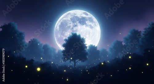 Enchanting Moonlit Forest Scene with Fireflies and Silhouetted Trees Under a Starry Night Sky