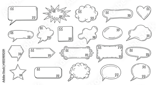 Collection of hand drawn speech bubbles and quote boxes for text and dialogue