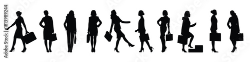 Silhouette Set of Confident Businesswoman Walking with Briefcase. Professional Corporate Worker Silhouette Vector Illustration.