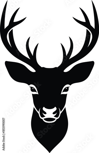 Minimalist black silhouette vector graphic of a majestic stag head with large antlers, for clean design use