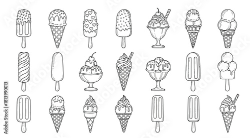Collection of hand drawn ice cream and popsicle illustrations in black and white outline style
