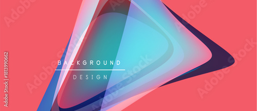 Abstract geometric shapes overlap, creating vibrant color gradients. Pink backdrop complements blue, purple hues. Modern design element.