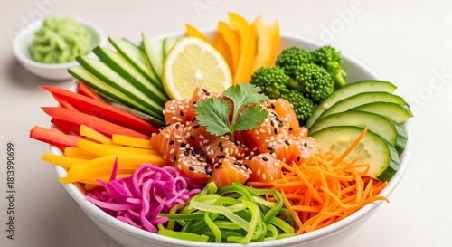 Vibrant Salmon Poke Bowl with Fresh Vegetables and Lemon Slice