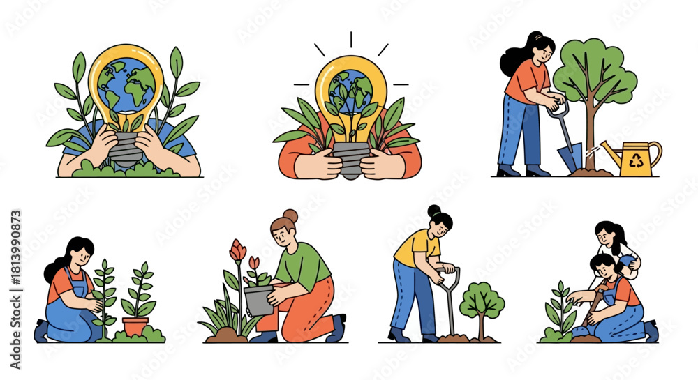 Fototapeta premium Eco-friendly lifestyle vector illustrations showing people actively planting trees, gardening, and contributing to environmental protection for a sustainable future