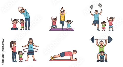 A collection of vector illustrations showing families exercising together in various fitness activities.