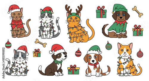 Festive Felines and Paws Christmas Pet Illustrations
