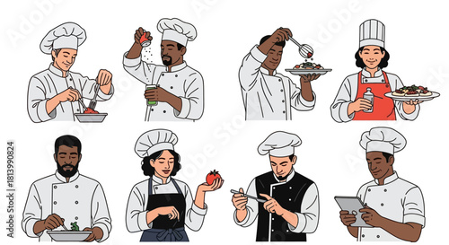 Set of chefs cooking and serving food in different ways.