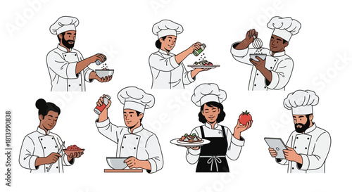 A diverse group of chefs in uniform are shown preparing food and using kitchen tools.