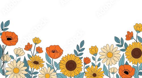 A vibrant floral border illustration featuring sunflowers, poppies, and daisies with blue-green leaves on a white background.