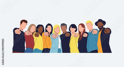 A diverse group of multicultural people standing together and pointing their fingers forward at the viewer.