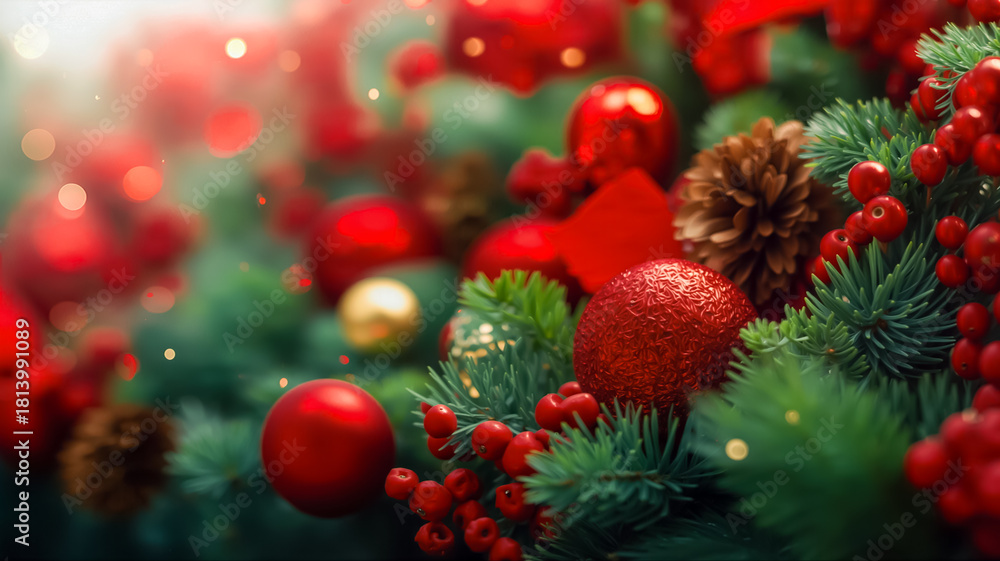 Obraz premium 赤いオーナメントと実と松ぼっくりで飾られたクリスマスツリーの枝と輝く背景