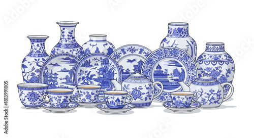 Illustration of a blue and white porcelain tea set and vases.