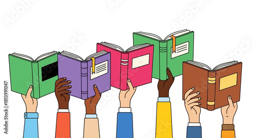 Diverse hands holding up open books, symbolizing reading, education, and shared knowledge.