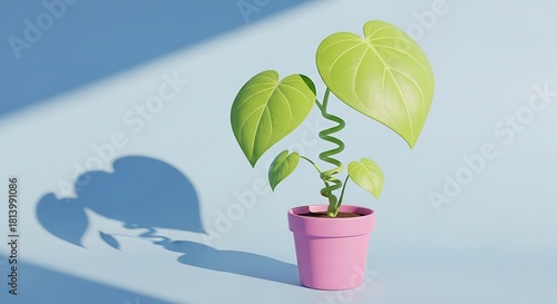 A delicate green plant with spiral stem, in a pink pot, casting a heart-shaped shadow on a light blue surface