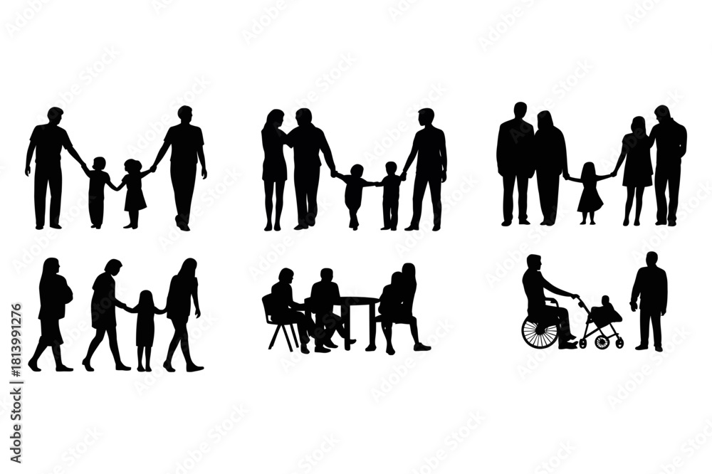 Naklejka premium Family Silhouette Set | Parents and Child Icons | Black and White Minimal Illustration Pack