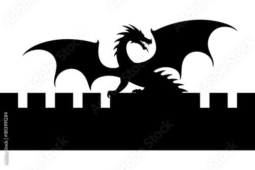 Dragon on Castle Wall Silhouette | Medieval Fantasy Black and White Illustration | Fierce Dragon Graphic