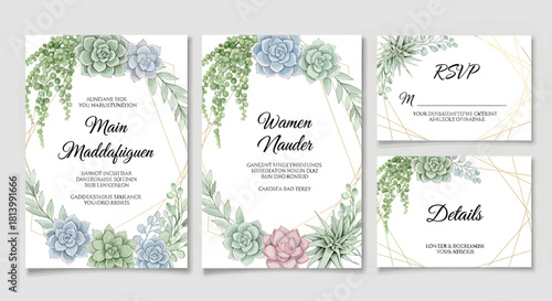 Elegant wedding invitation suite with succulent and greenery design.