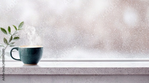 A steaming cup of coffee sits on a windowsill, with a blurred snowy scene visible through the window.