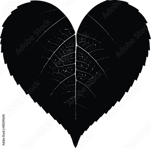 Black heart shape formed by two overlapping leaf silhouettes with visible vein texture