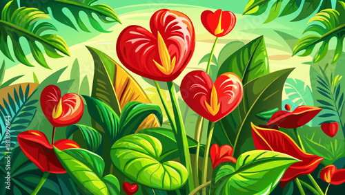 Very beautiful red anthurium flowers blooming outdoors, surrounded by lush green houseplant leaves, with glossy heart-shaped spathes and bright yellow spadices catching natural sunlight, creating a 