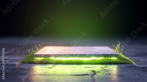 A square stone platform with lush green grass and glowing neon green light sits on a dark, wet, and reflective surface.