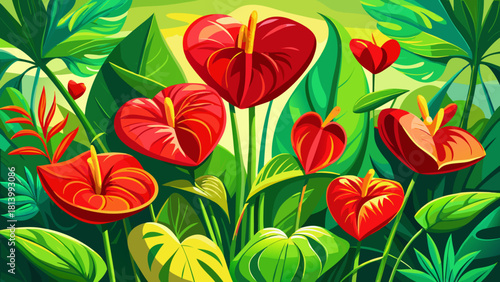 Very beautiful red anthurium flowers blooming outdoors, surrounded by lush green houseplant leaves, with glossy heart-shaped spathes and bright yellow spadices catching natural sunlight, creating a 