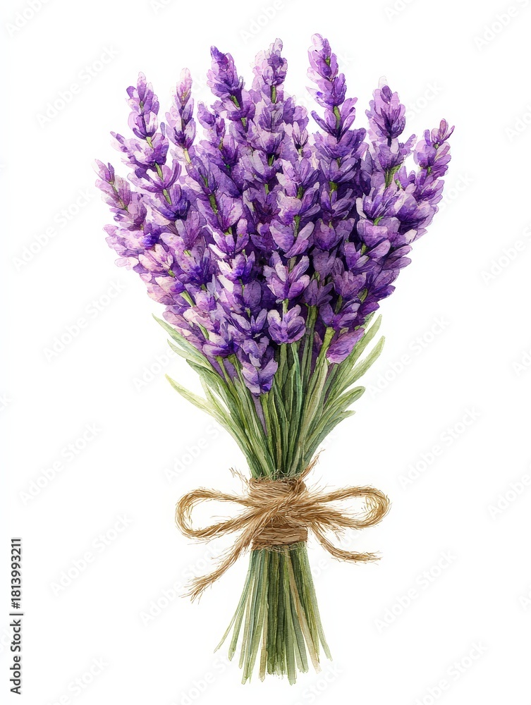 Fototapeta premium A watercolor illustration of a bunch of lavender, tied with a rustic jute bow or string. Isolated on a white background. Perfect for farmhouse decor, rustic, or aromatherapy themes.