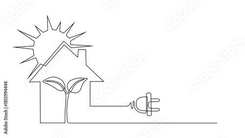 Green energy continuous line drawing. House and Light bulb with plant leaves. Sustainable ecology concept, hand drawn.