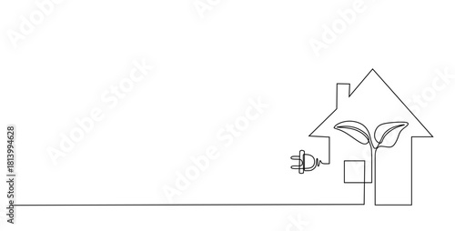 Green energy continuous line drawing. House and Light bulb with plant leaves. Sustainable ecology concept, hand drawn.