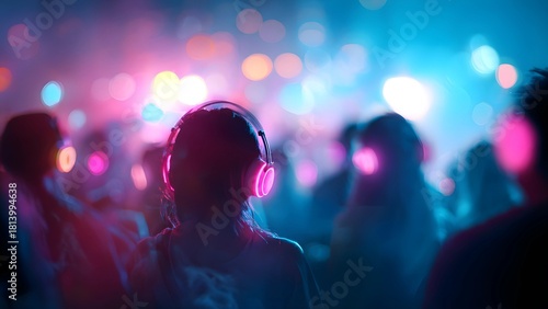 Silent disco event with attendees listen to music through wireless headphones People at a silent disco music event with glowing neon headsets night concert music festival silhouette celebration 