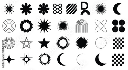 Collection of black abstract geometric shapes and celestial bodies on white vector