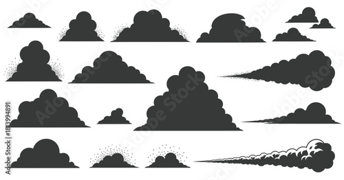 Collection of dark grey cloud and smoke shapes with stippled edges vector