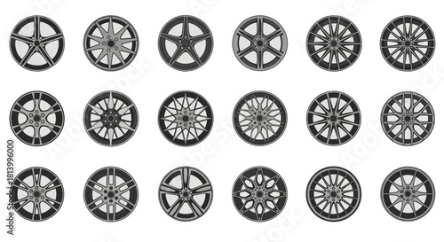 Array of gray and black car rims