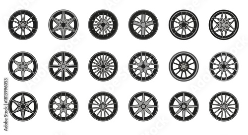 Array of car rims with varied spoke designs black and grey