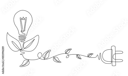 Green energy continuous line drawing. House and Light bulb with plant leaves. Sustainable ecology concept, hand drawn.