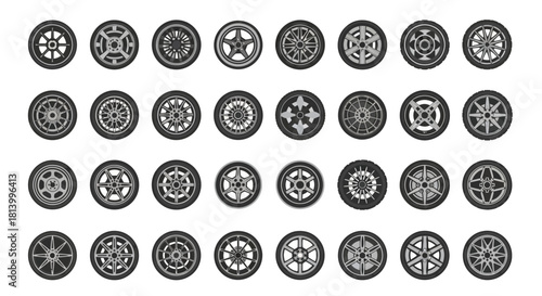 A grid displays various automotive tire rims in shades of gray against a white backdrop
