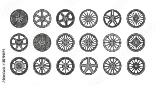 21 gray circular car wheels are in three rows on a white background Each has a distinct spoke pattern