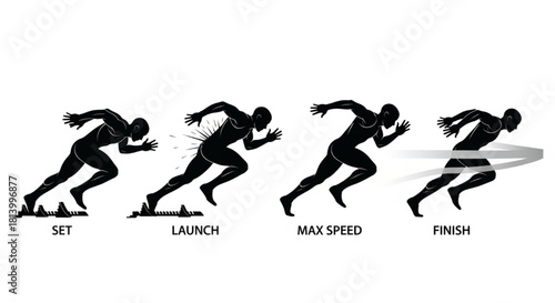 Sprinter Silhouette Vector Showing Track Sequence — Set Position, Launch, Max Speed, Finish Line

