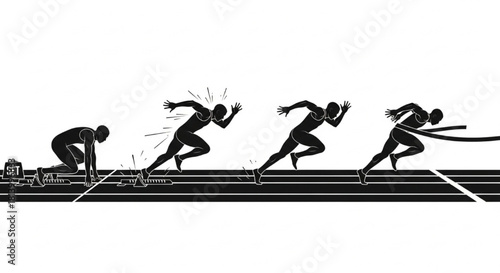 Sprinter Silhouette Vector Showing Track Sequence — Set Position, Launch, Max Speed, Finish Line


