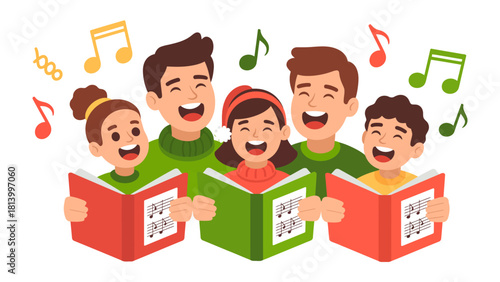Harmony in Chorus: A joyful ensemble of singers raises their voices in unison, their faces illuminated by the joy of musical collaboration, with musical notes.